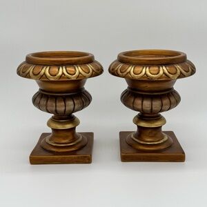 Vintage Pair Of Ornate Gold Tone Old World Style Cer Pillar Candle Holders MCM